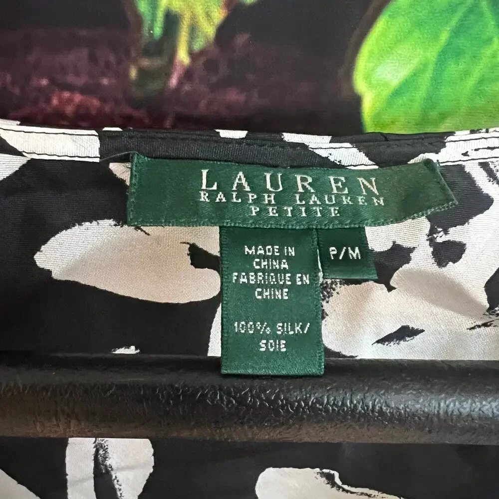 Lauren Ralph Lauren Silk Blouse Medium Petite Floral Black White Flutter Sleeves